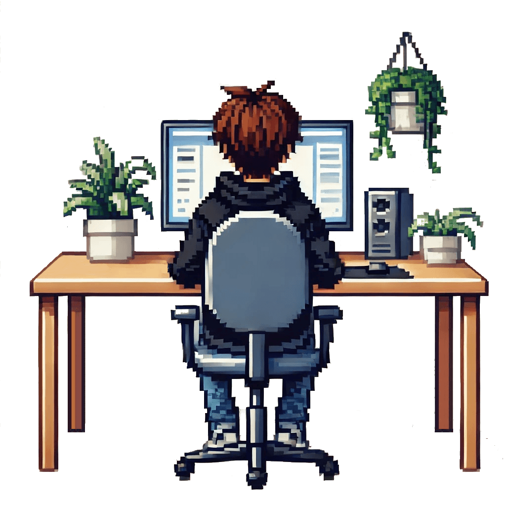 Pixel art of a person sitting at a desk